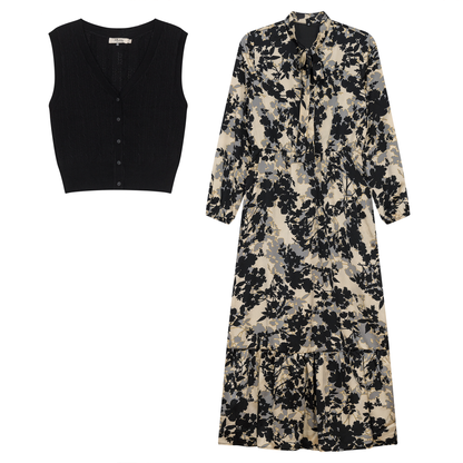 Printed Chiffon Tiered Dress With Crochet Knit Vest Black Floral