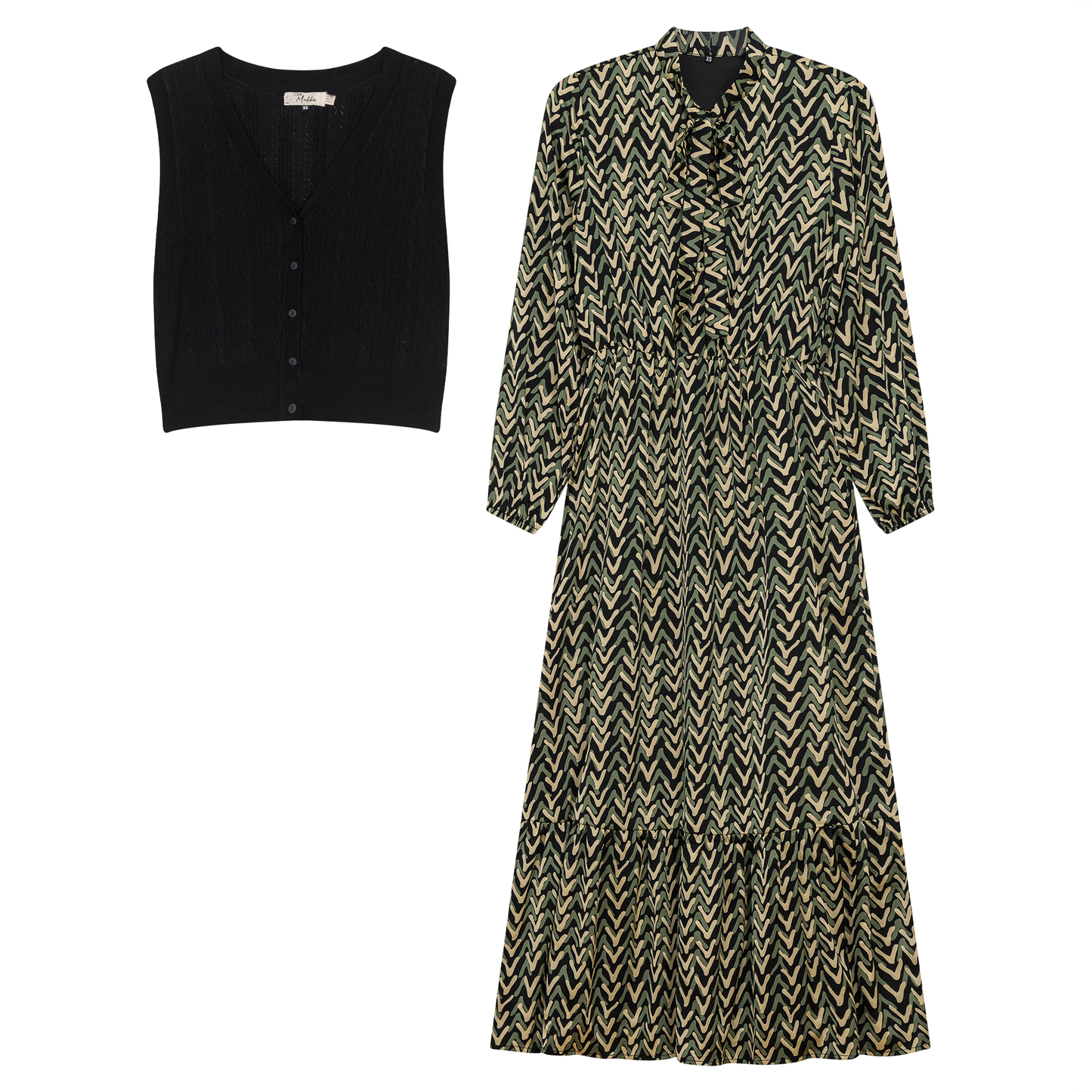 Printed Chiffon Tiered Dress With Crochet Knit Vest Black Missoni