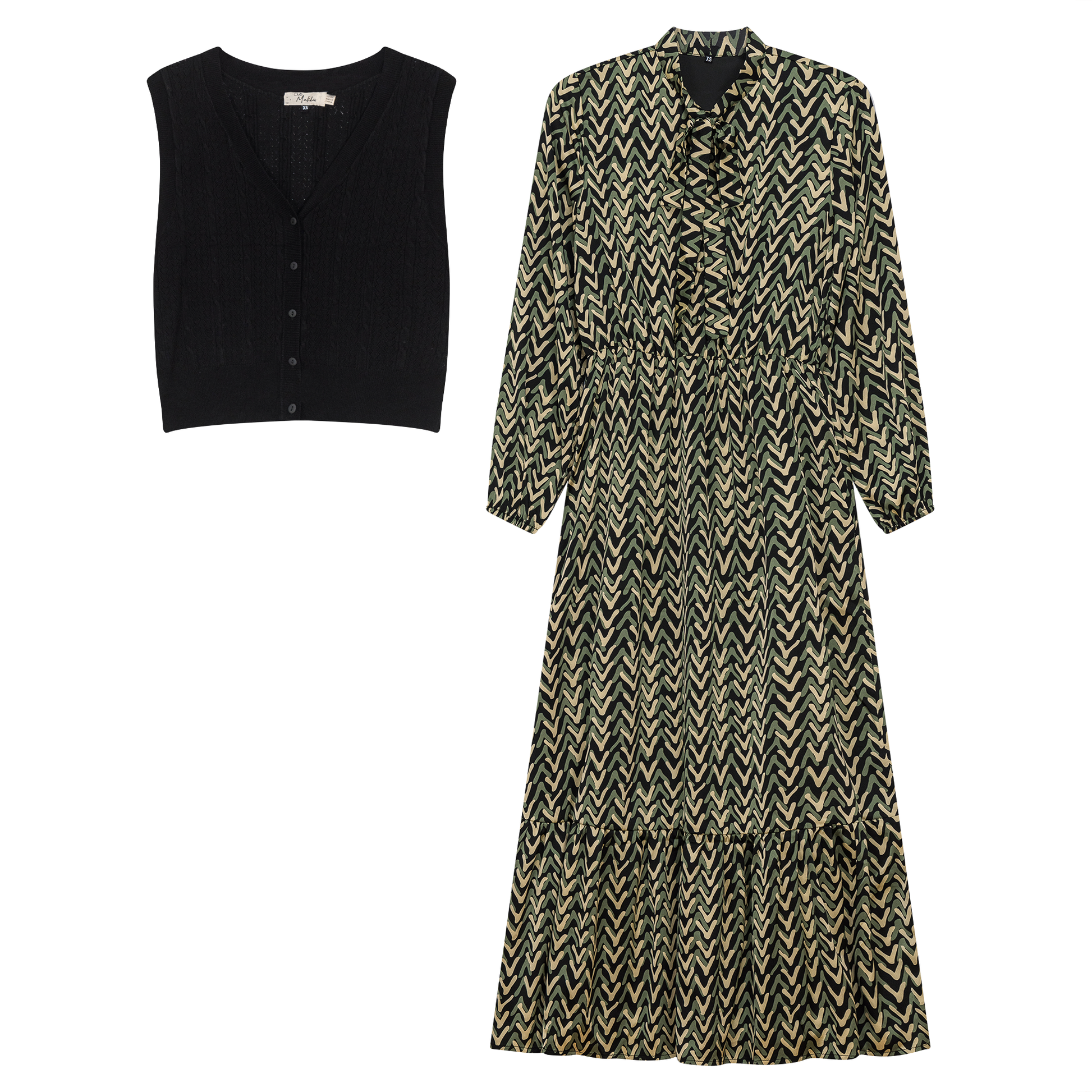 Printed Chiffon Tiered Dress With Crochet Knit Vest Black Missoni