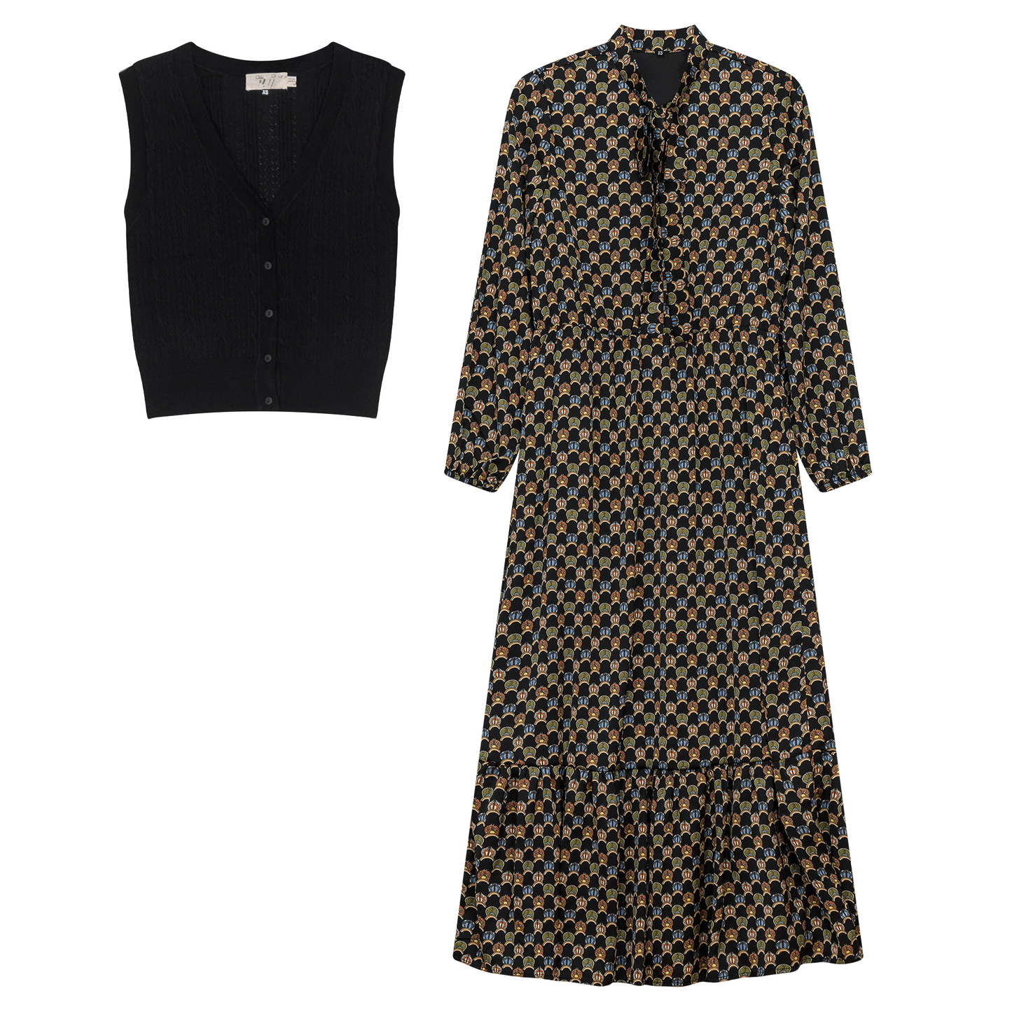 Printed Chiffon Tiered Dress With Crochet Knit Vest Black Ornaments