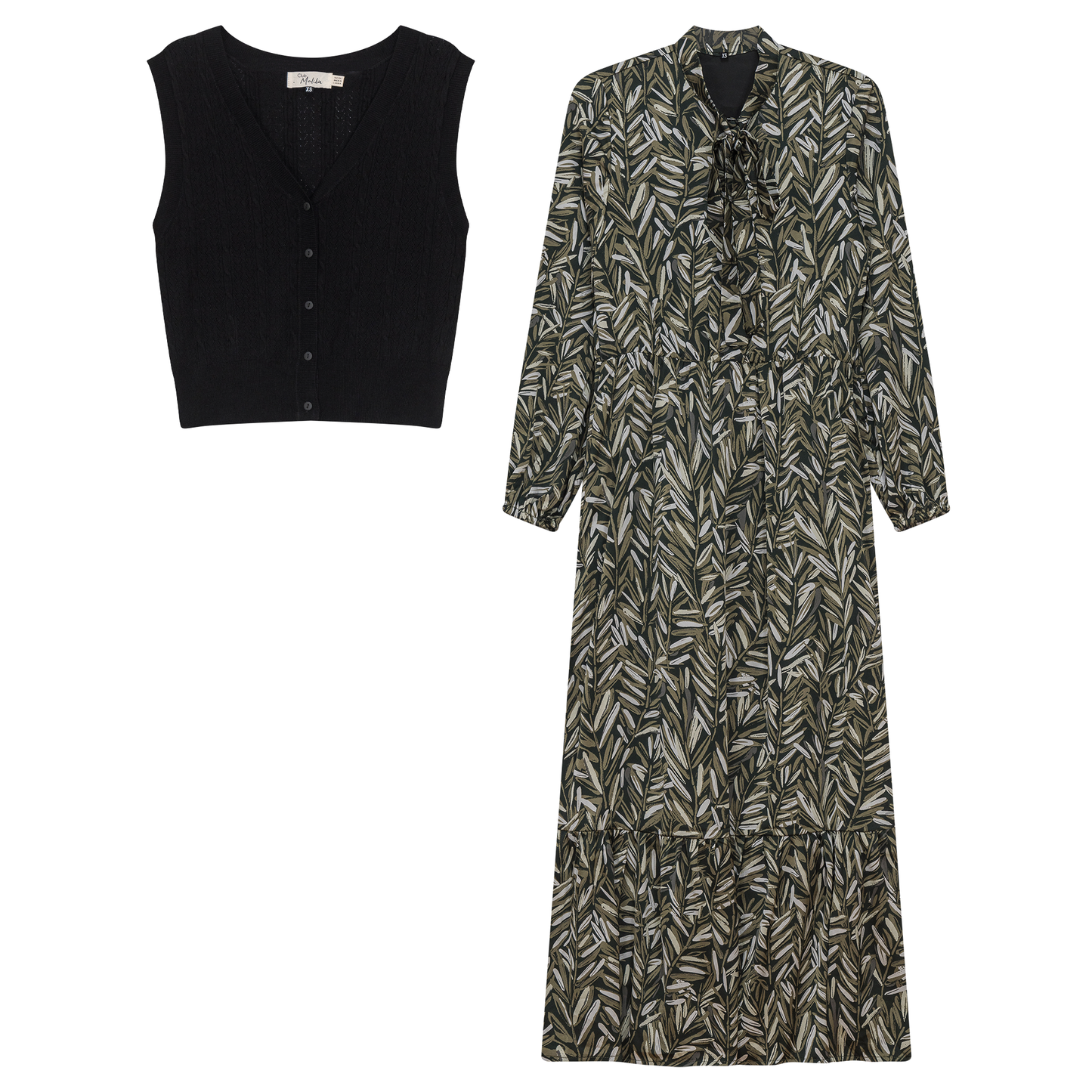 Printed Chiffon Tiered Dress With Crochet Knit Vest Taupe Leaves