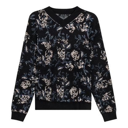 V Neck Floral Knit Sweater Black