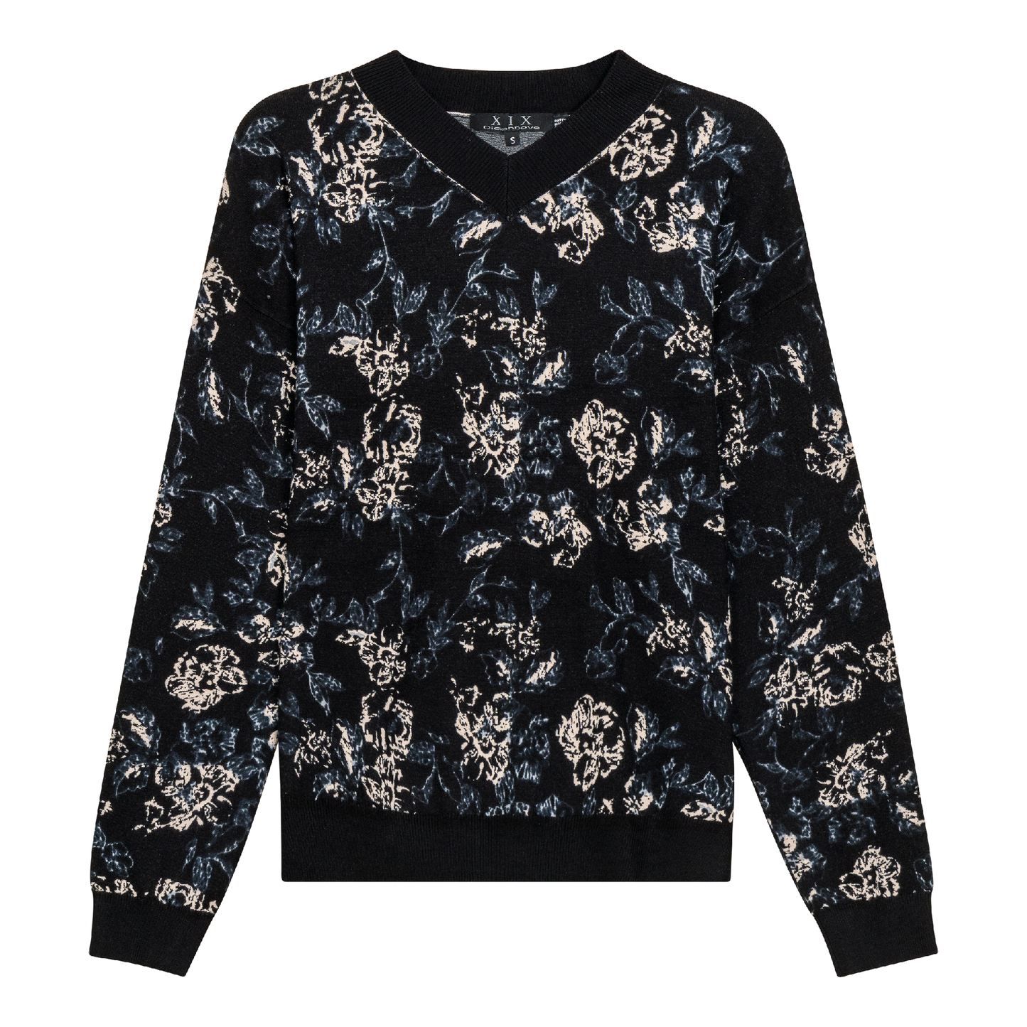 V Neck Floral Knit Sweater Black