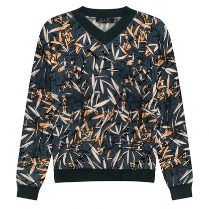 V Neck Floral Knit Sweater Teal Copper