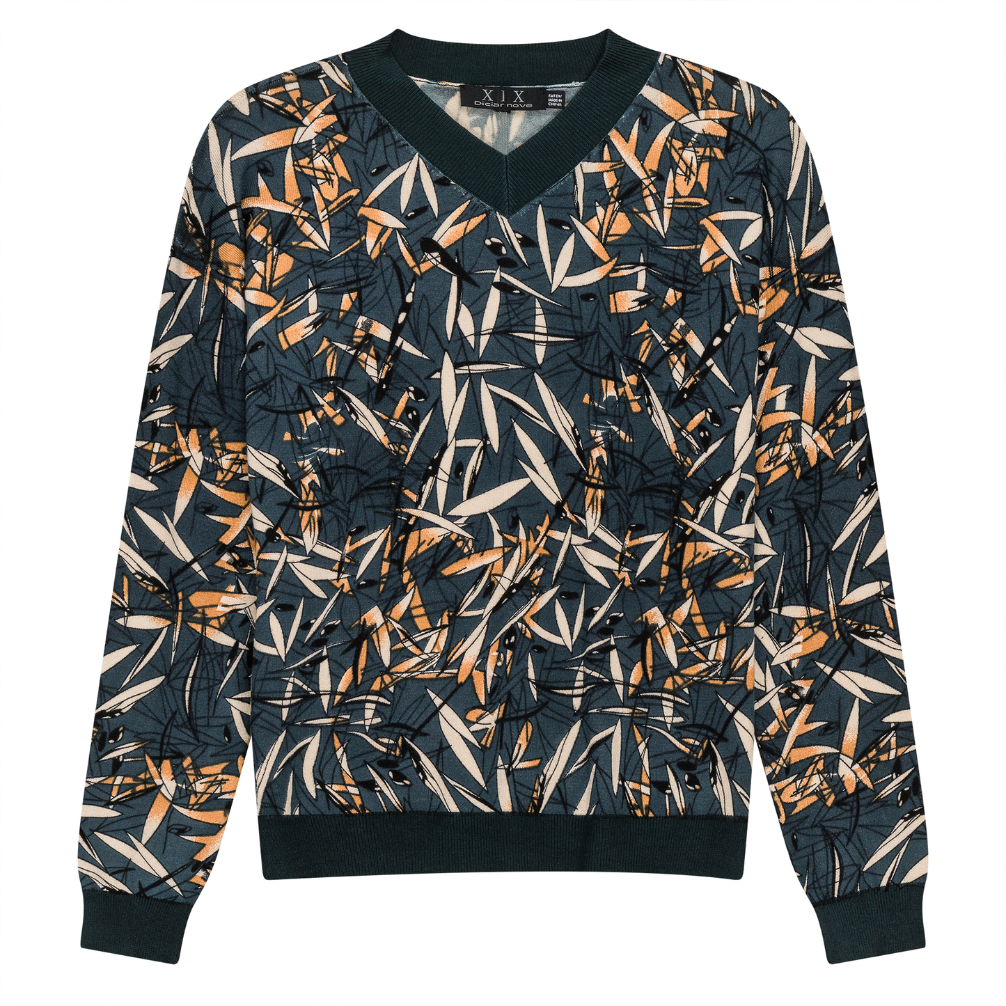 V Neck Floral Knit Sweater Teal Copper