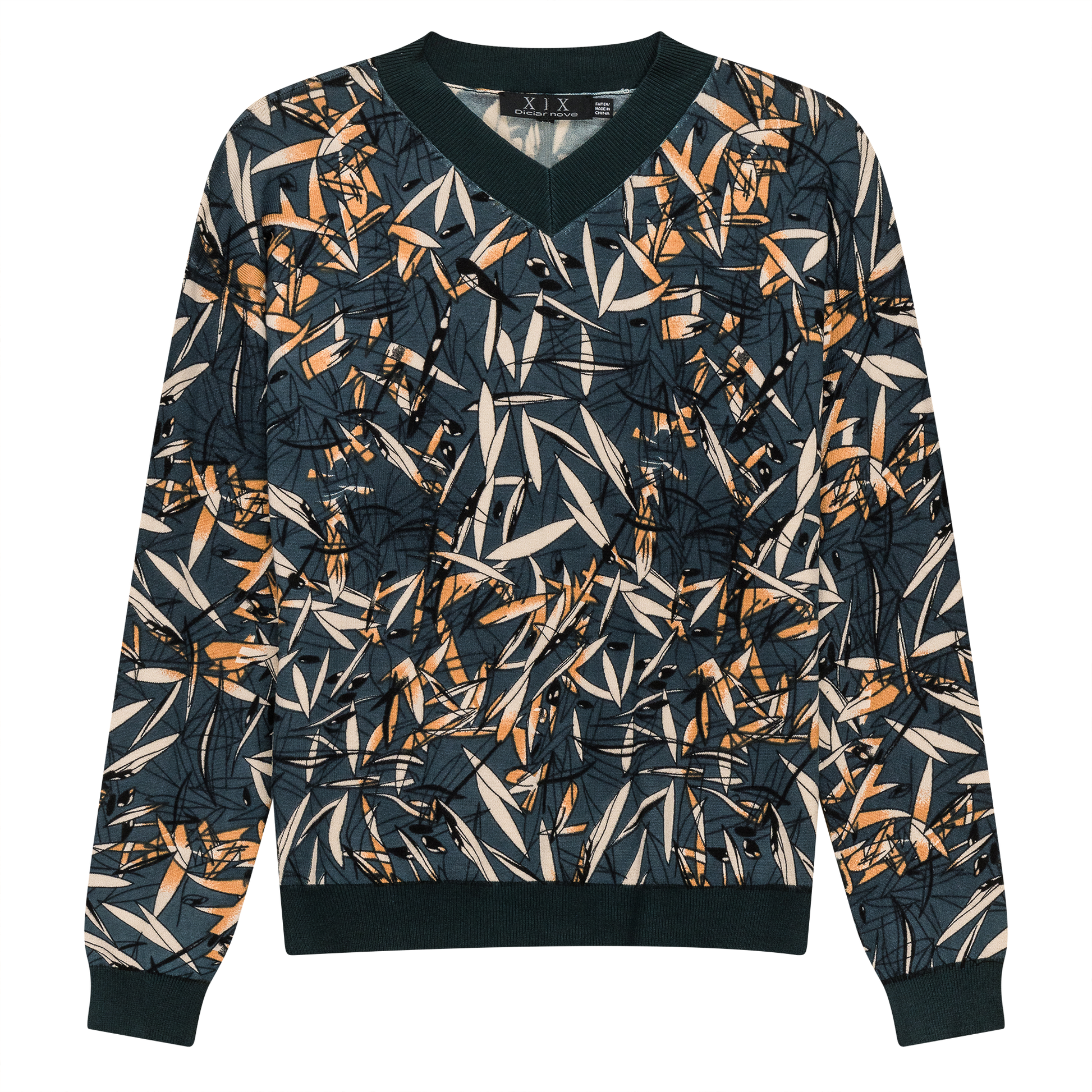 V Neck Floral Knit Sweater Teal Copper