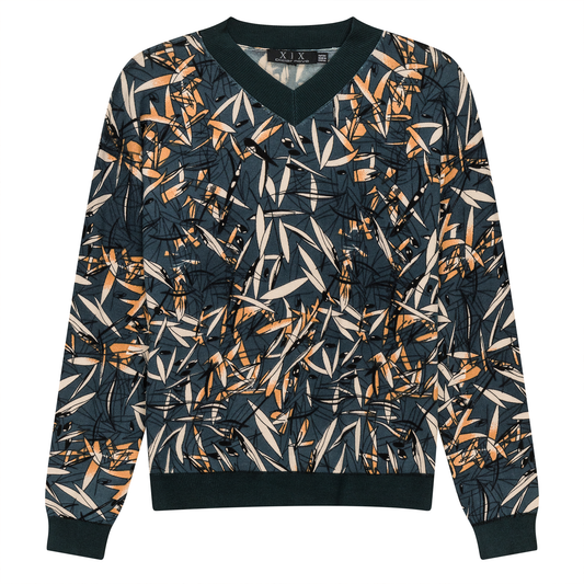 V Neck Floral Knit Sweater Teal Copper