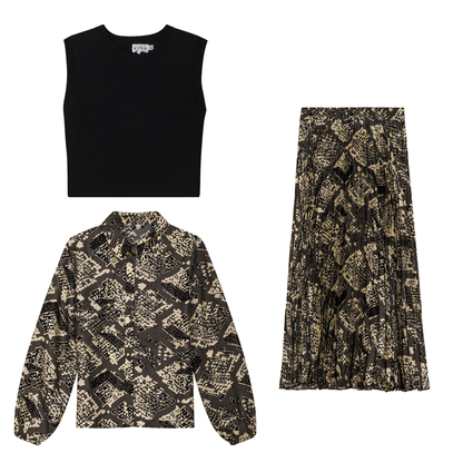 Printed Satin Midi Accordian Pleated Skirt Set With Cropped Knit Vest Ash