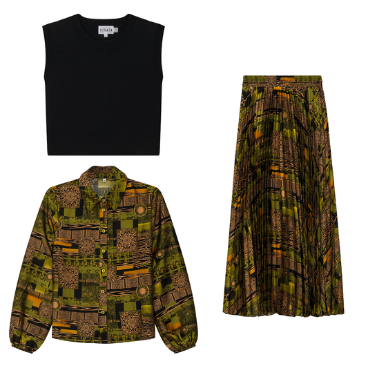 Printed Satin Midi Accordian Pleated Skirt Set With Cropped Knit Vest Olive