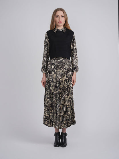 Printed Satin Midi Accordian Pleated Skirt Set With Cropped Knit Vest