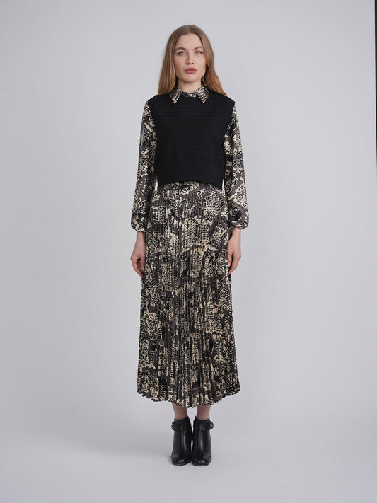 Printed Satin Midi Accordian Pleated Skirt Set With Cropped Knit Vest