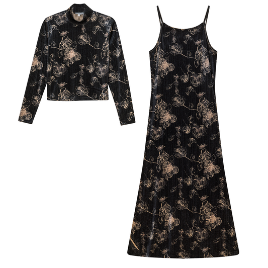 Printed Velour Maxi Jumper Set Black Stone