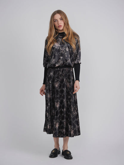 Flocked Velour Pleated Midi Skirt