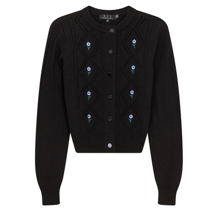Crochet Knit Cardigan With Floral Embroidery Black