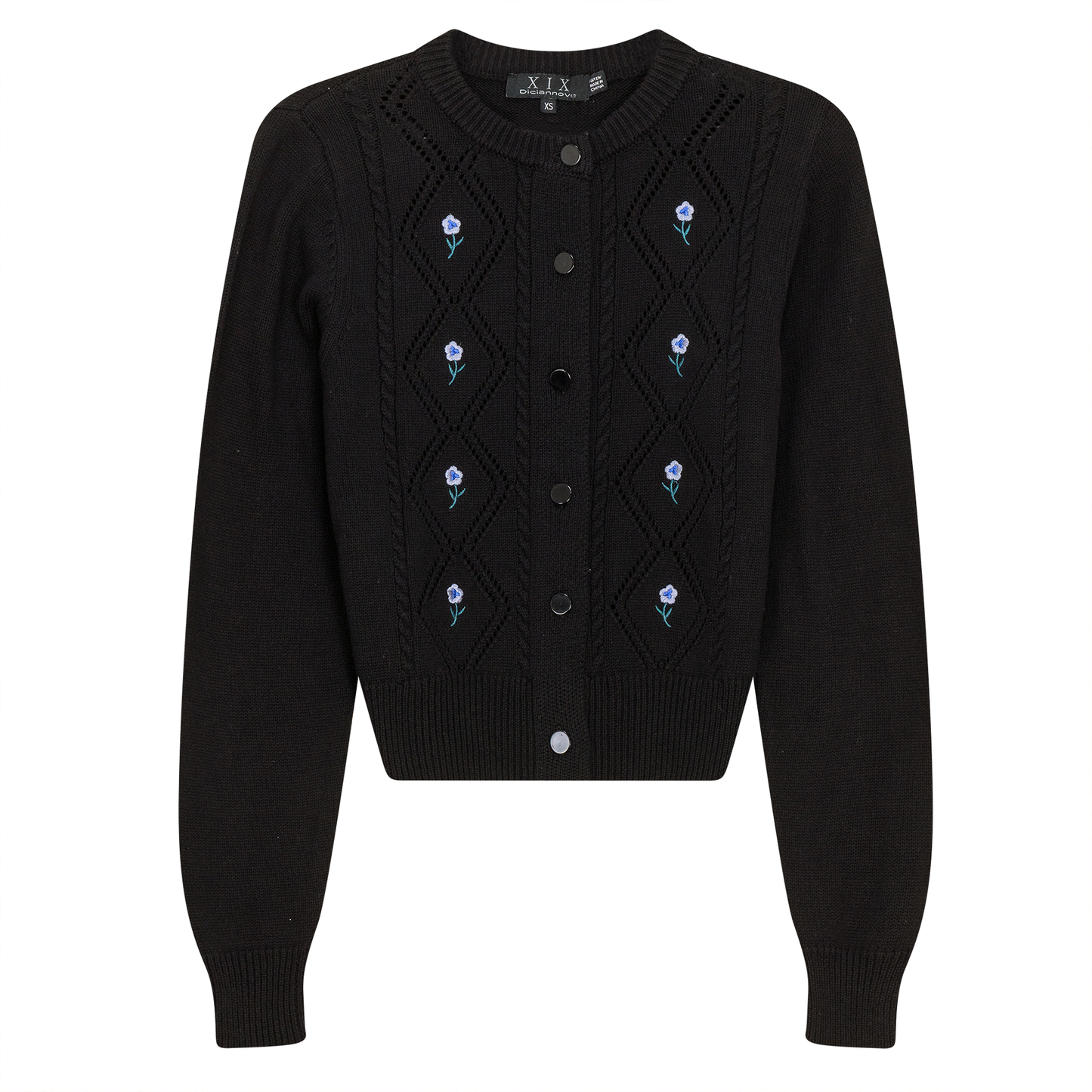 Crochet Knit Cardigan With Floral Embroidery Black
