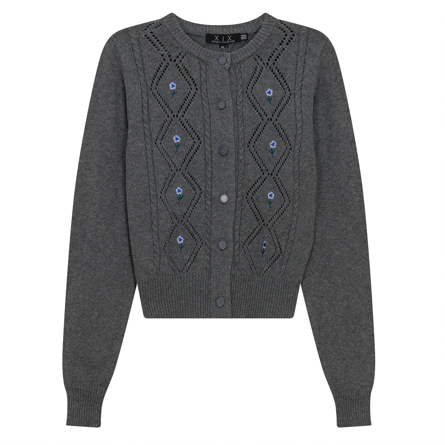 Crochet Knit Cardigan With Floral Embroidery Dark Grey Mix