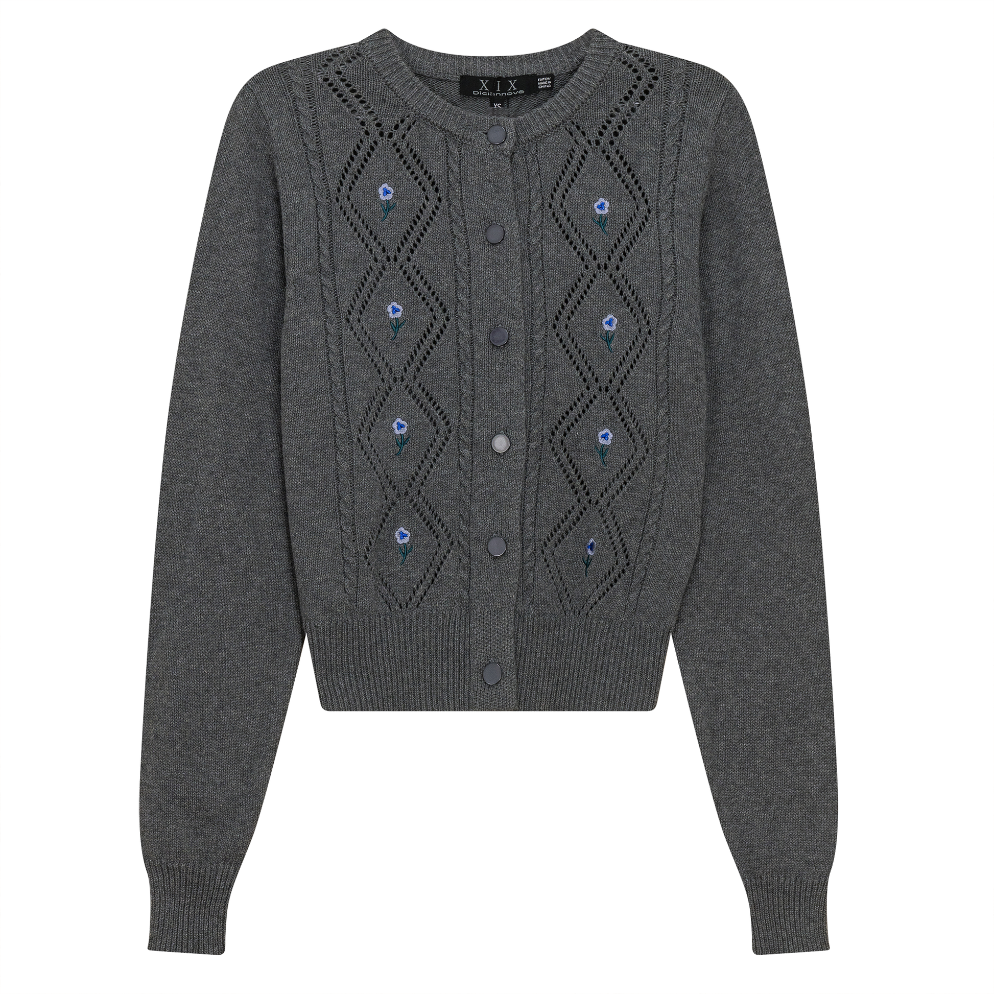 Crochet Knit Cardigan With Floral Embroidery Dark Grey Mix