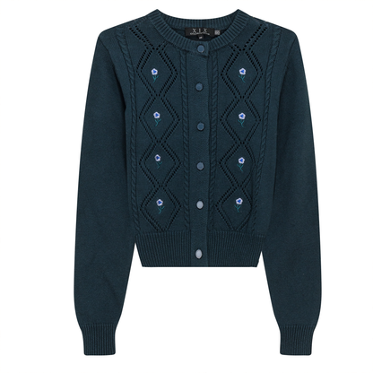 Crochet Knit Cardigan With Floral Embroidery Deep Teal