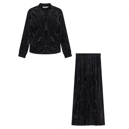 Burnout Velour A Line Skirt 2 PC Maxi Set Black
