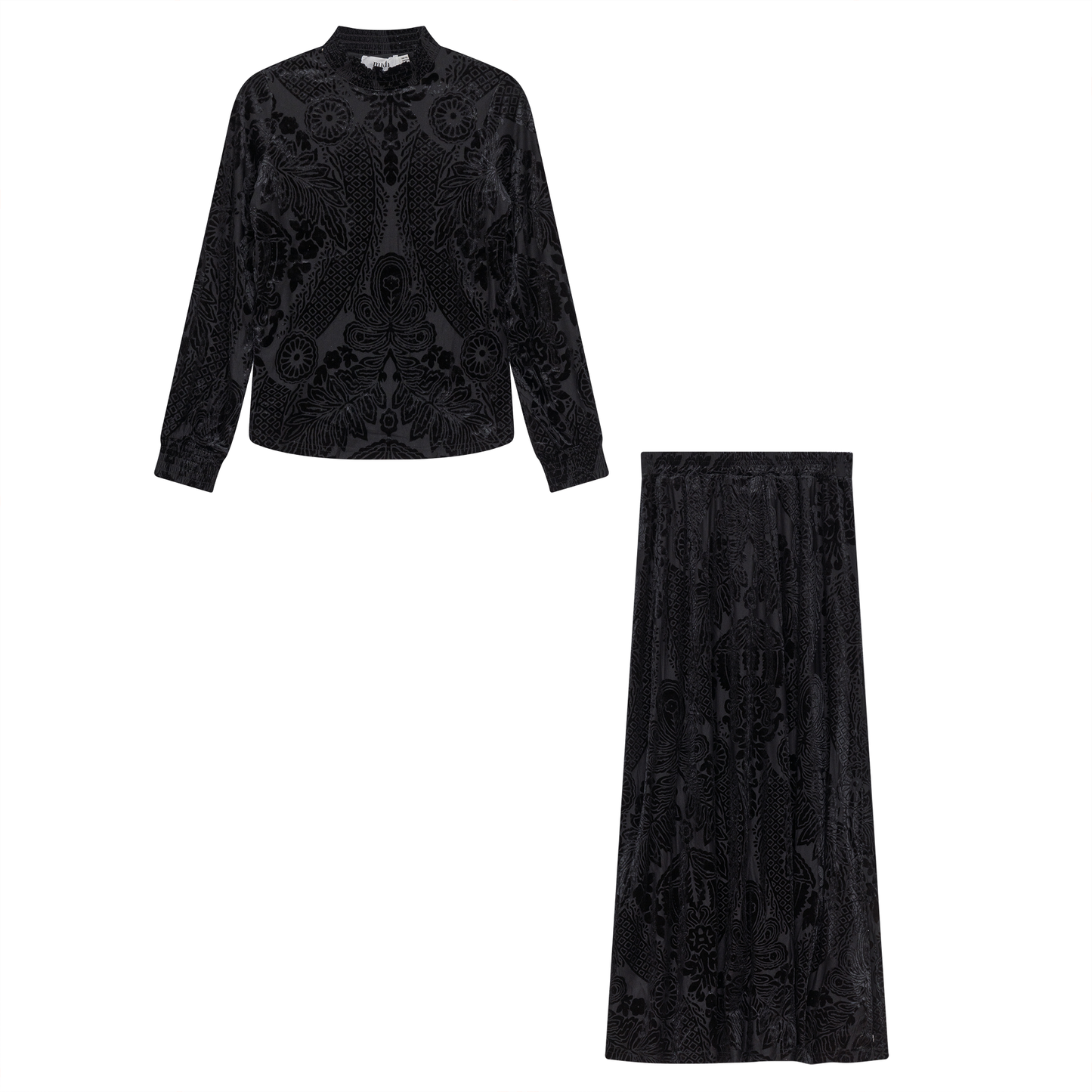 Burnout Velour A Line Skirt 2 PC Maxi Set Black