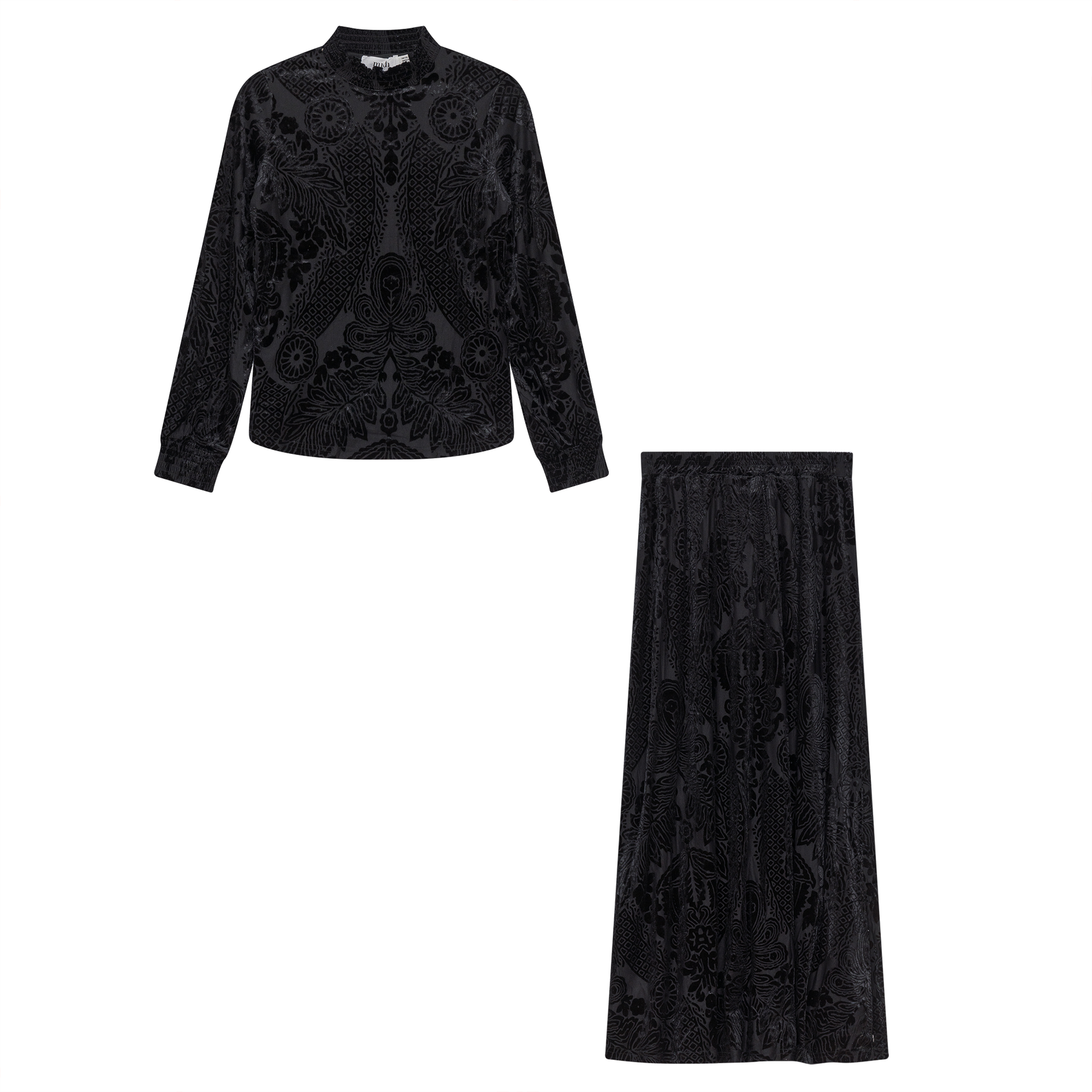 Burnout Velour A Line Skirt 2 PC Maxi Set Black