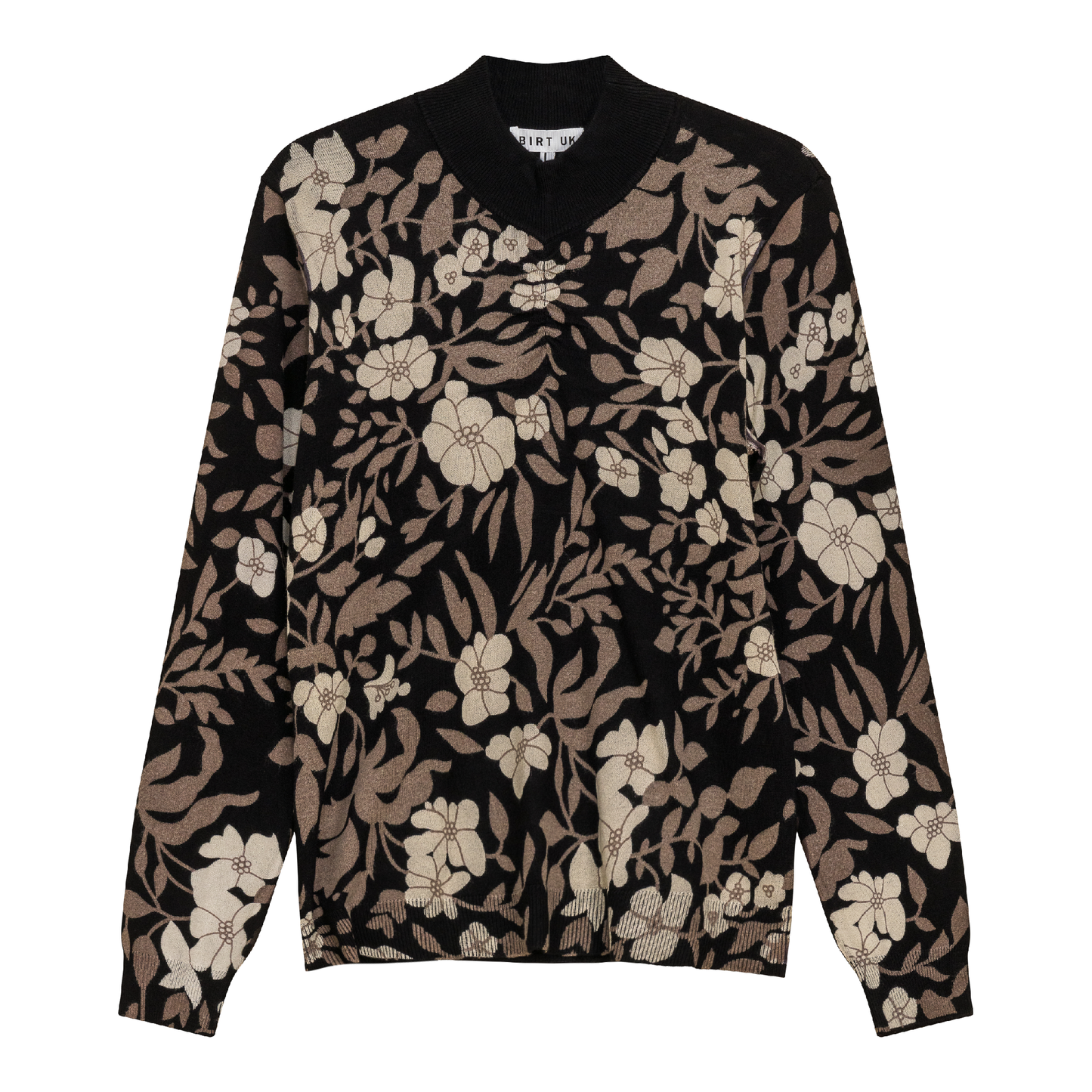 Printed Shirred Mock Neck Sweater Black Taupe