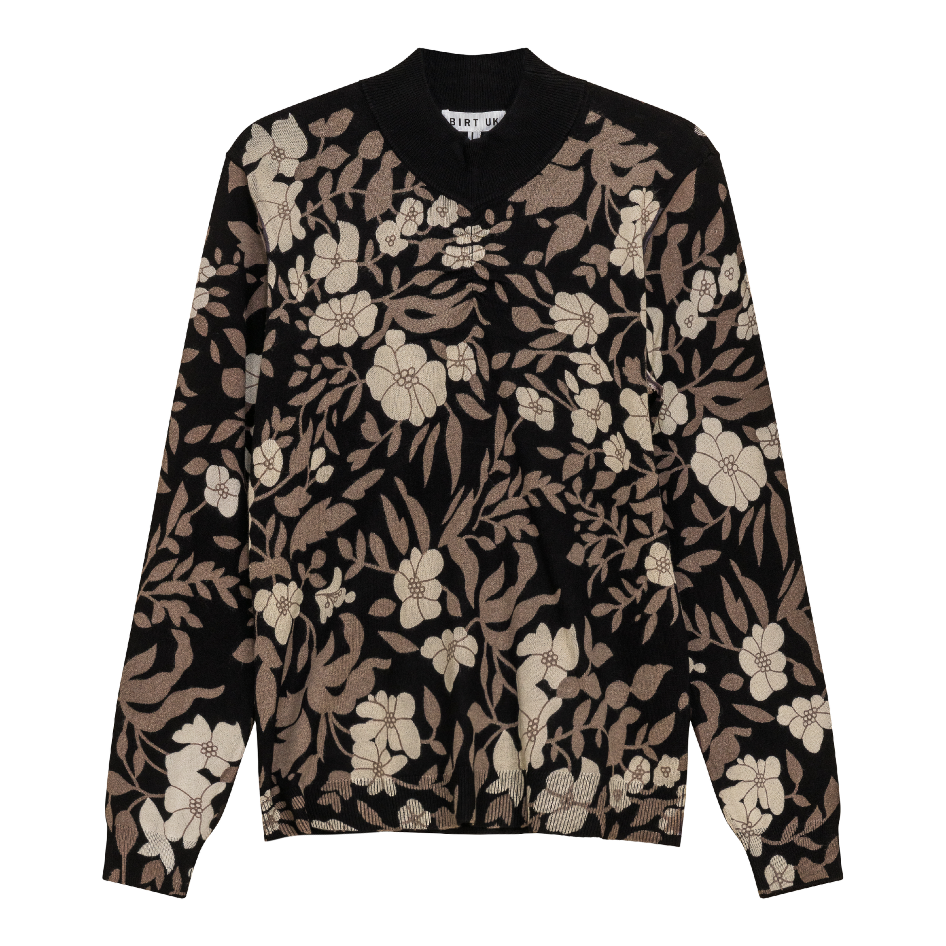 Printed Shirred Mock Neck Sweater Black Taupe