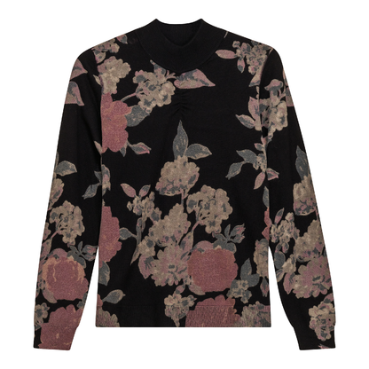 Printed Shirred Mock Neck Sweater Black Wine