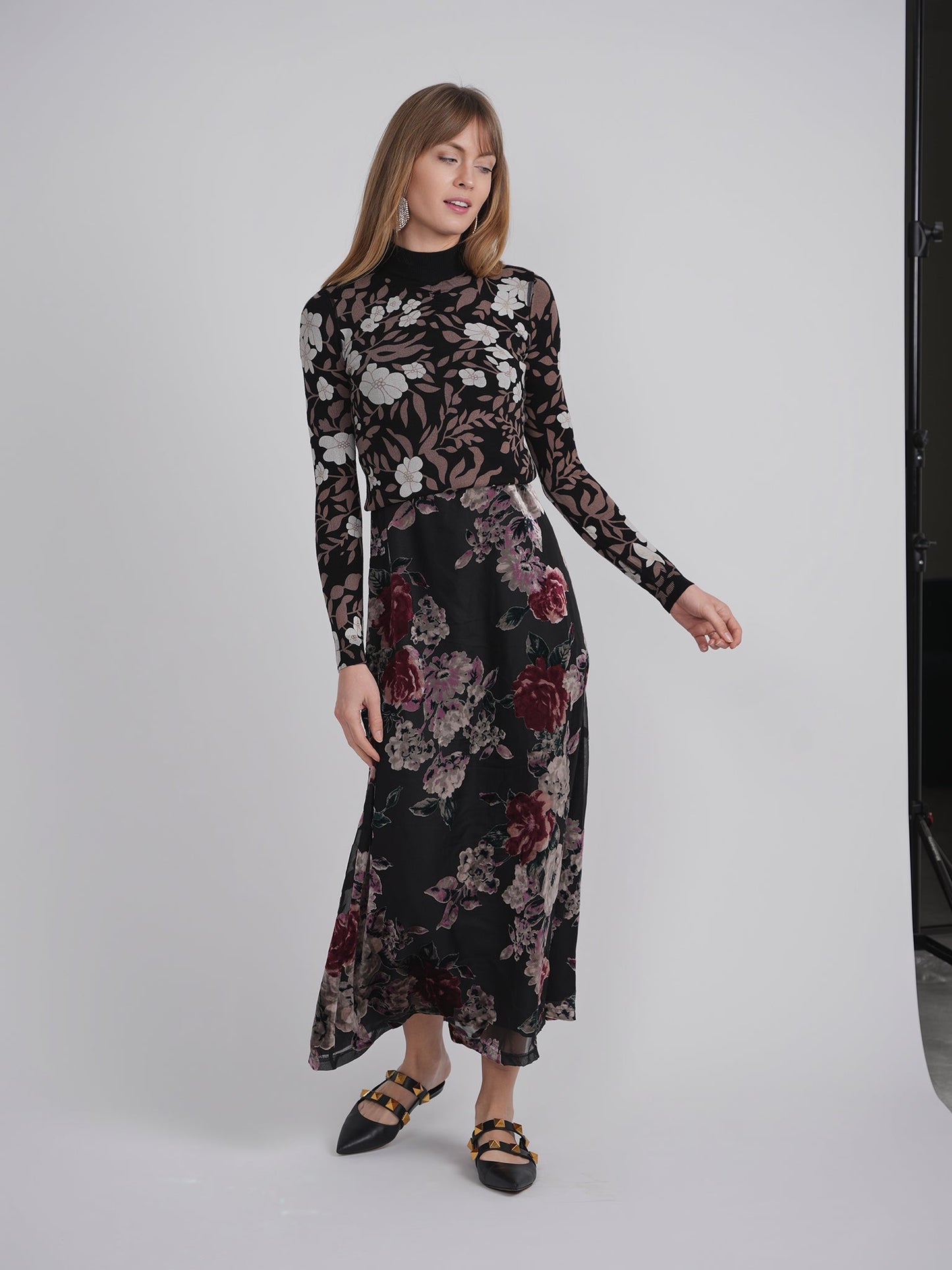 Printed Shirred Mock Neck Sweater