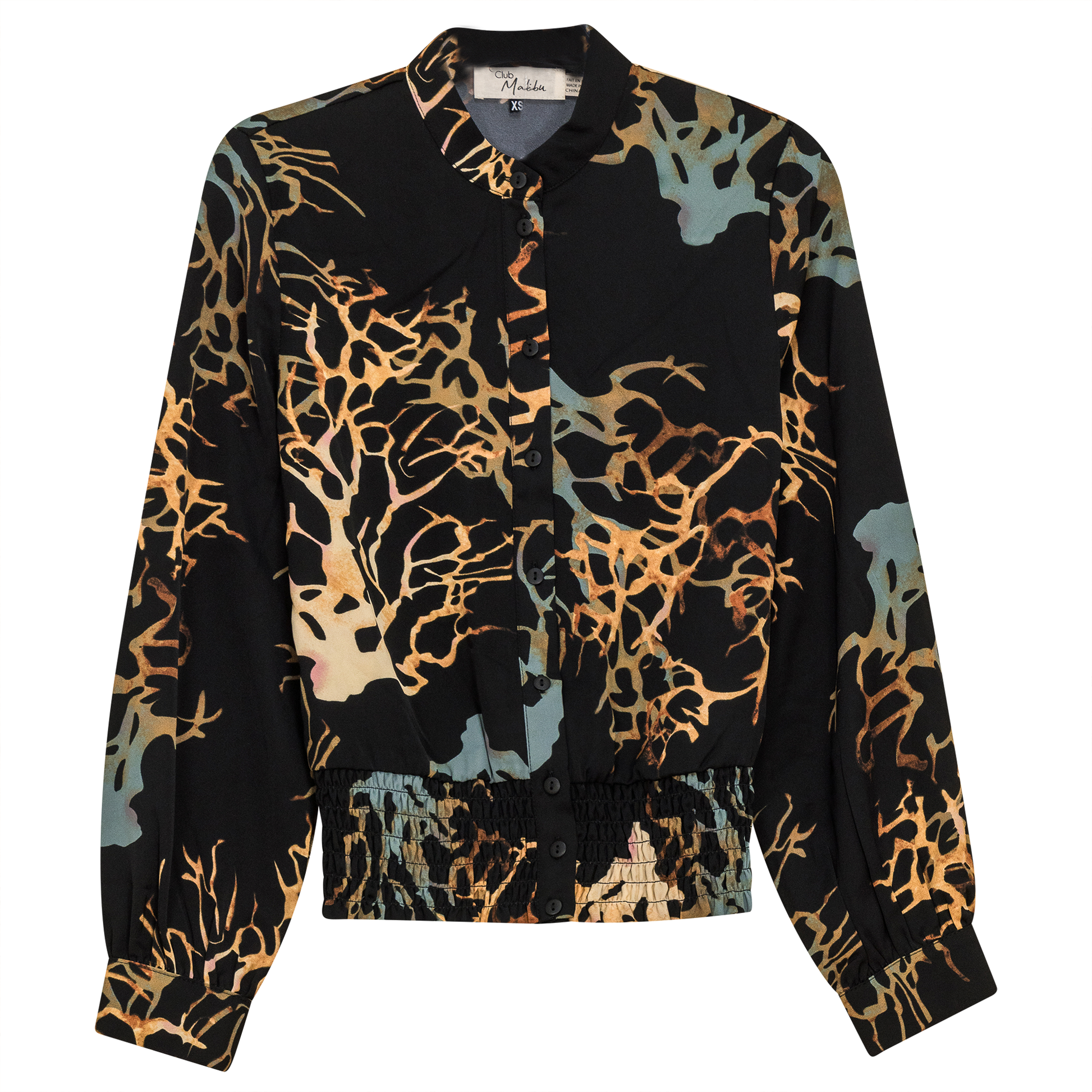 Printed Chiffon Ruched Blouse Black Rust