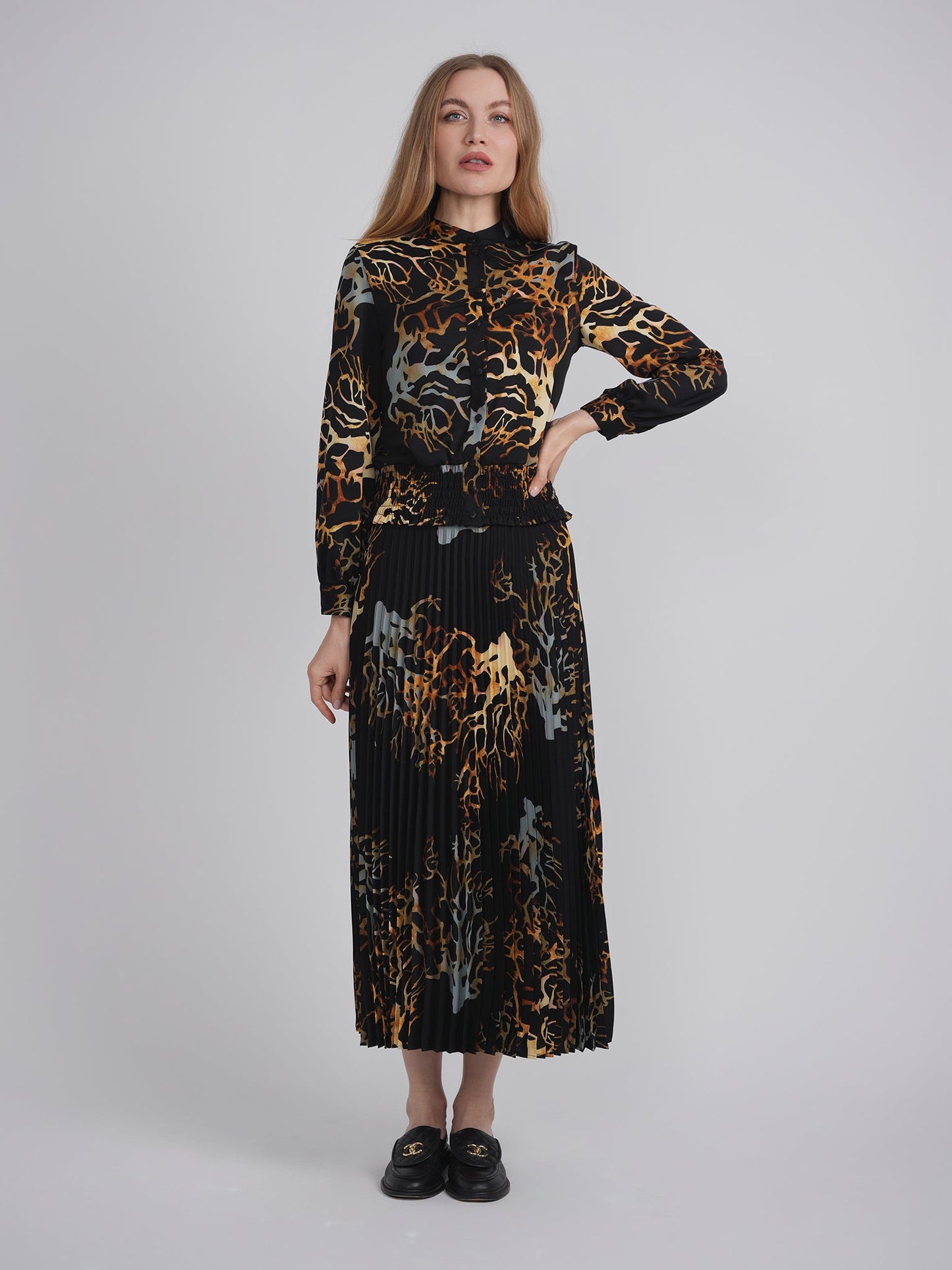 Printed Chiffon Ruched Blouse