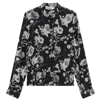 Printed satin Ruched Blouse Black Grey