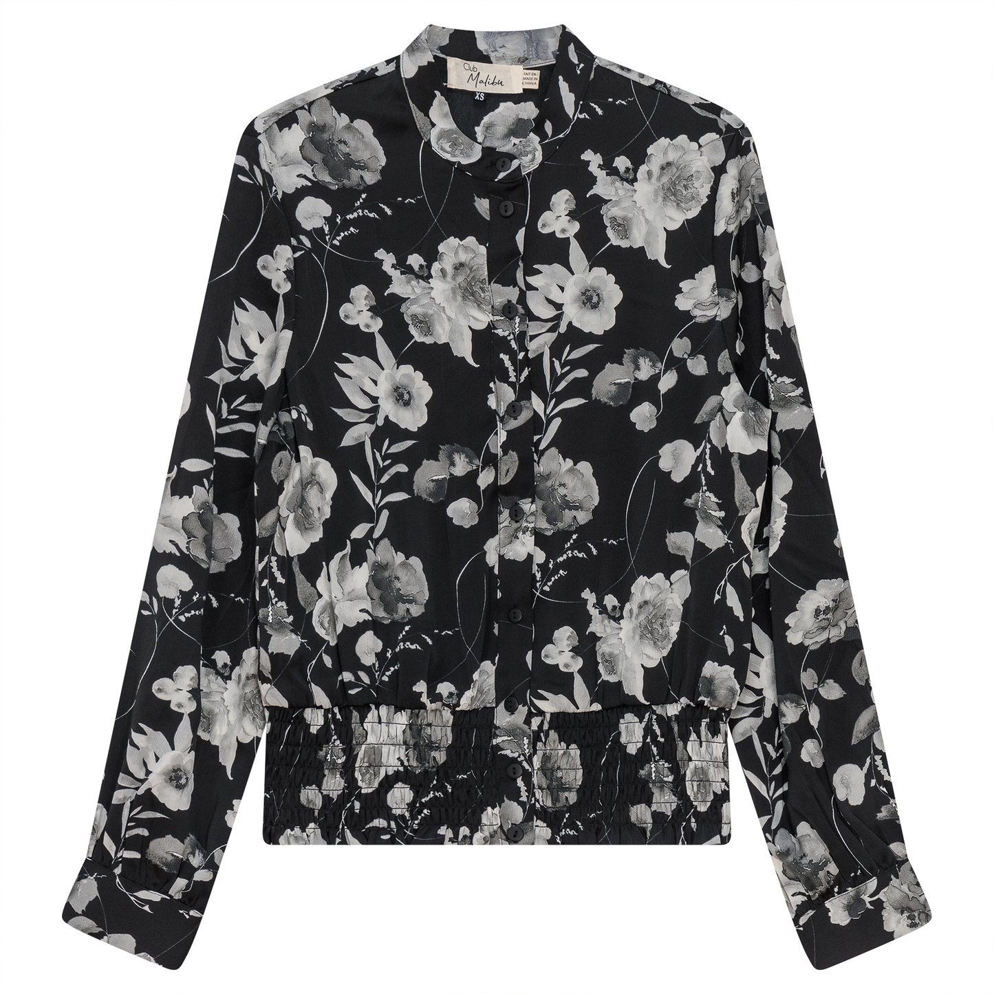 Printed satin Ruched Blouse Black Grey
