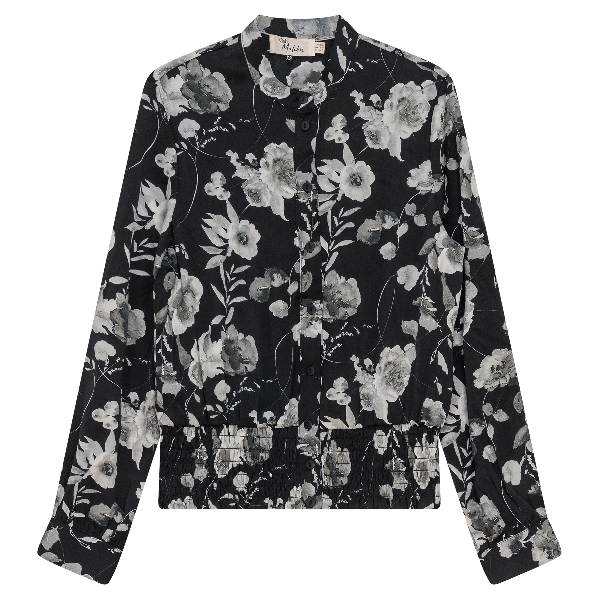 Printed satin Ruched Blouse Black Grey