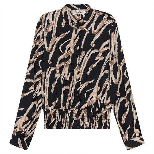 Printed satin Ruched Blouse Black Taupe