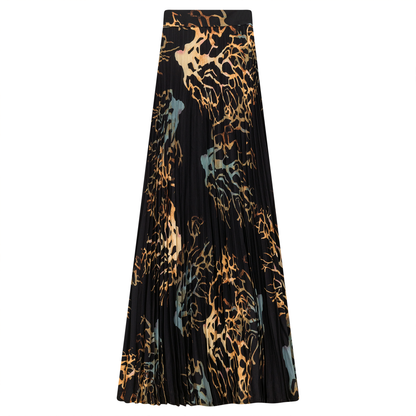 Printed Chiffon Accordian Pleated Midi Skirt Black Rust