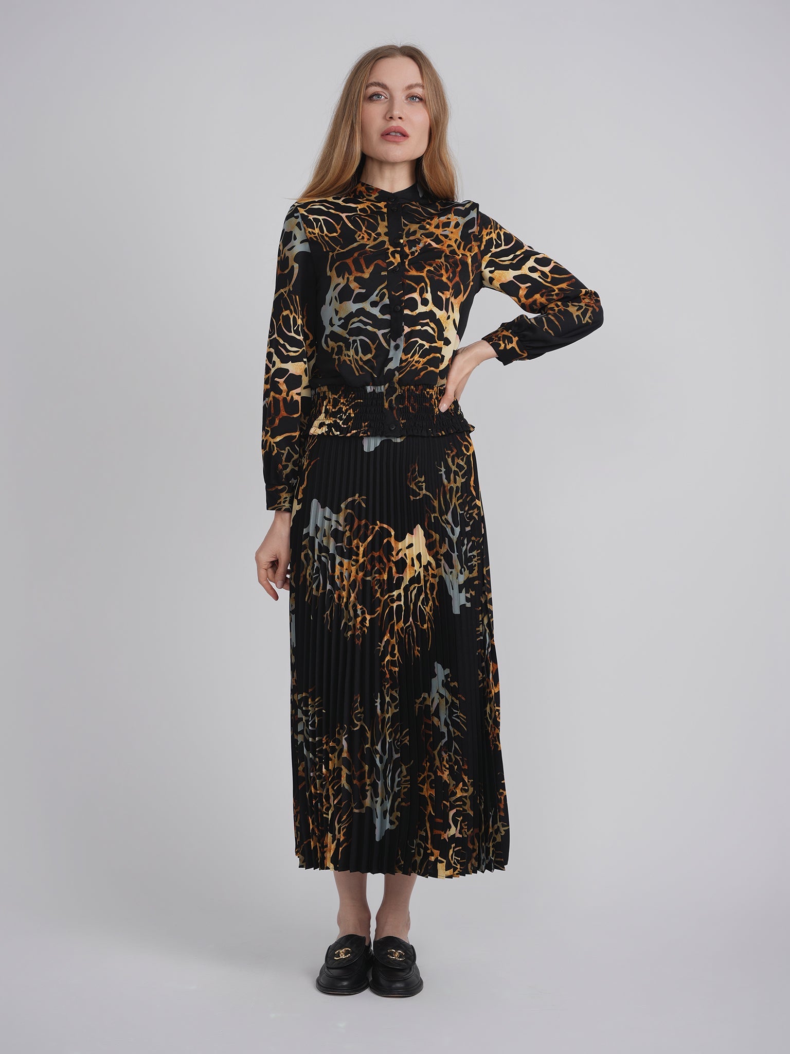 Printed Chiffon Accordian Pleated Midi Skirt