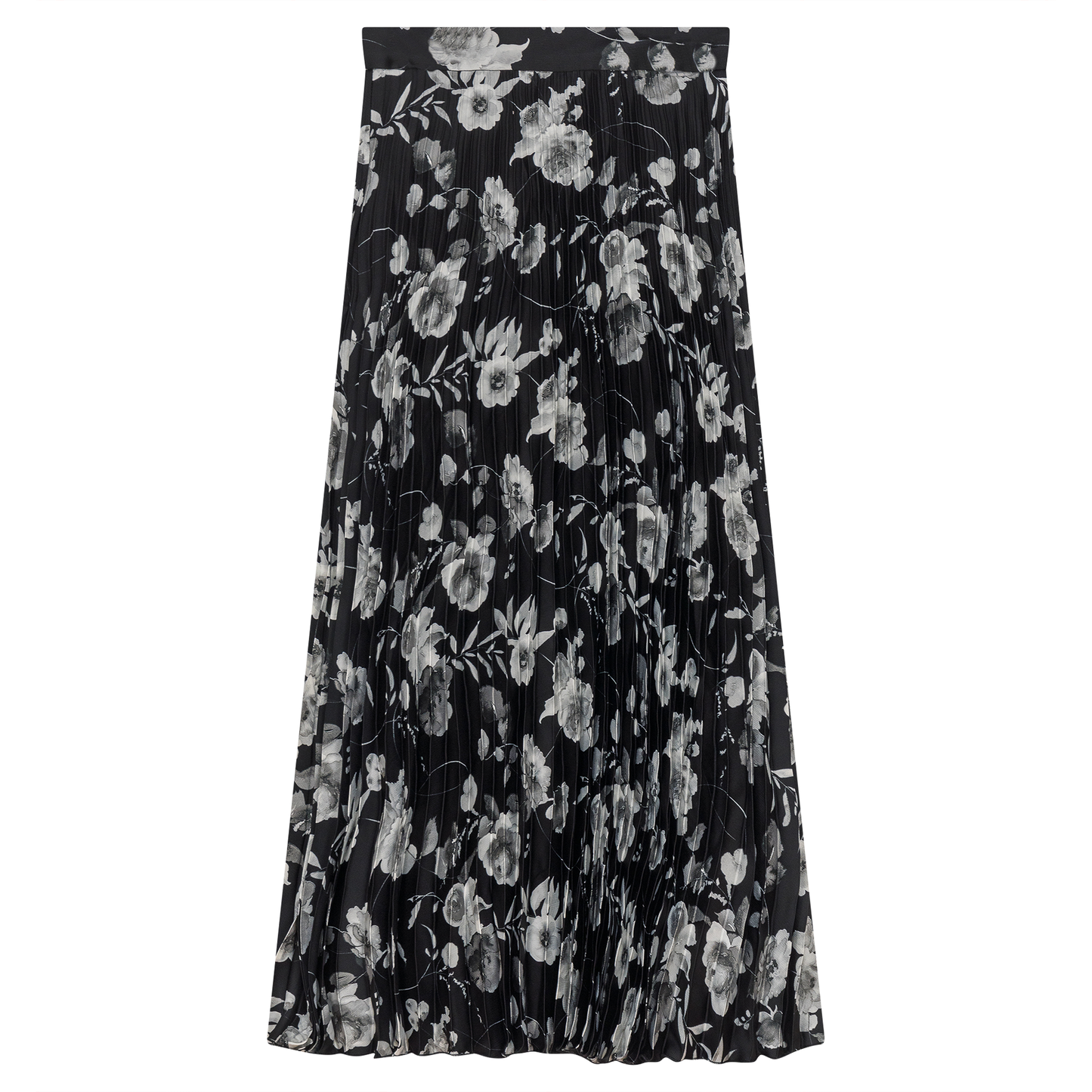 Printed Satin Accordian Pleated Midi Skirt Black Grey