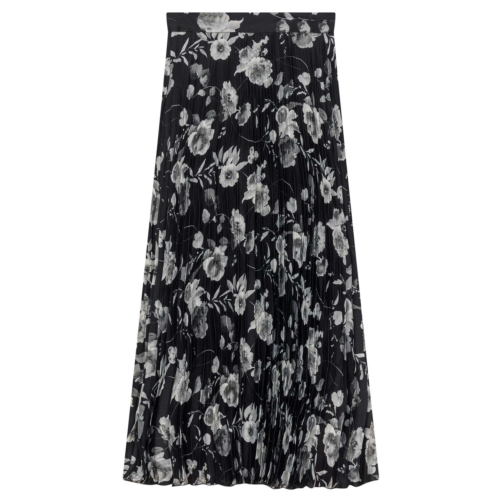 Printed Satin Accordian Pleated Midi Skirt Black Grey