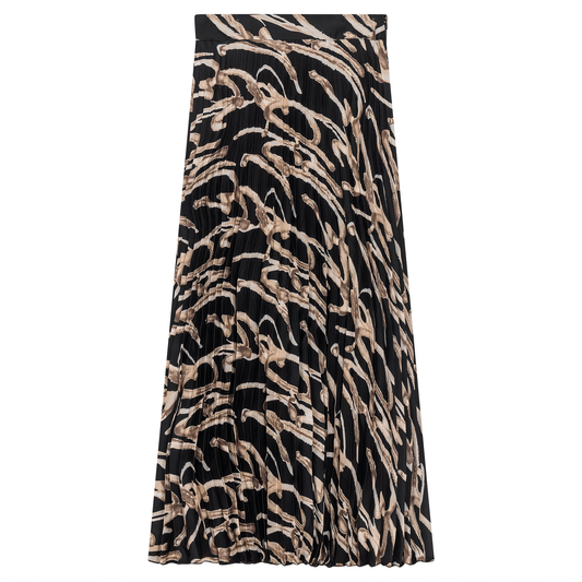 Printed Satin Accordian Pleated Midi Skirt Black Taupe