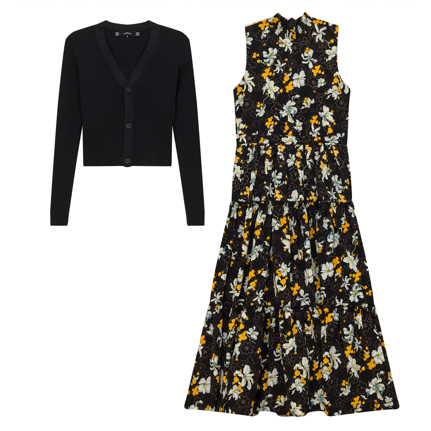 Printed Satin Jumper With Knit Top Black Mustard