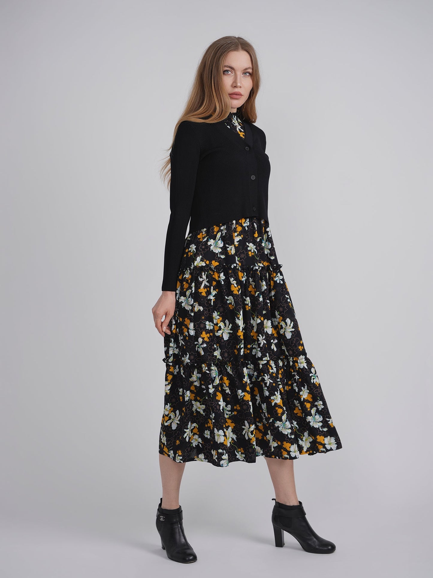 Printed Satin Jumper With Knit Top