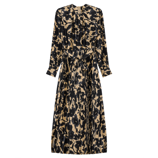 Satin Mosaic Pleated Midi Dress Black Bronze