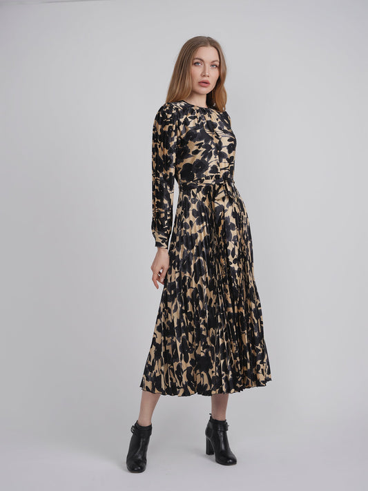 Satin Mosaic Pleated Midi Dress