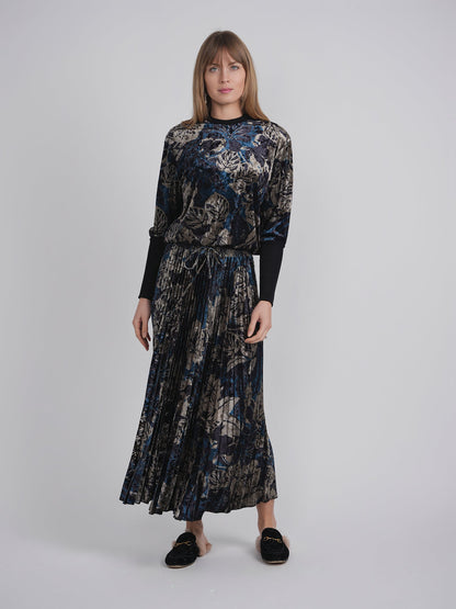 Flocked Velour Accordian Pleated Midi Skirt