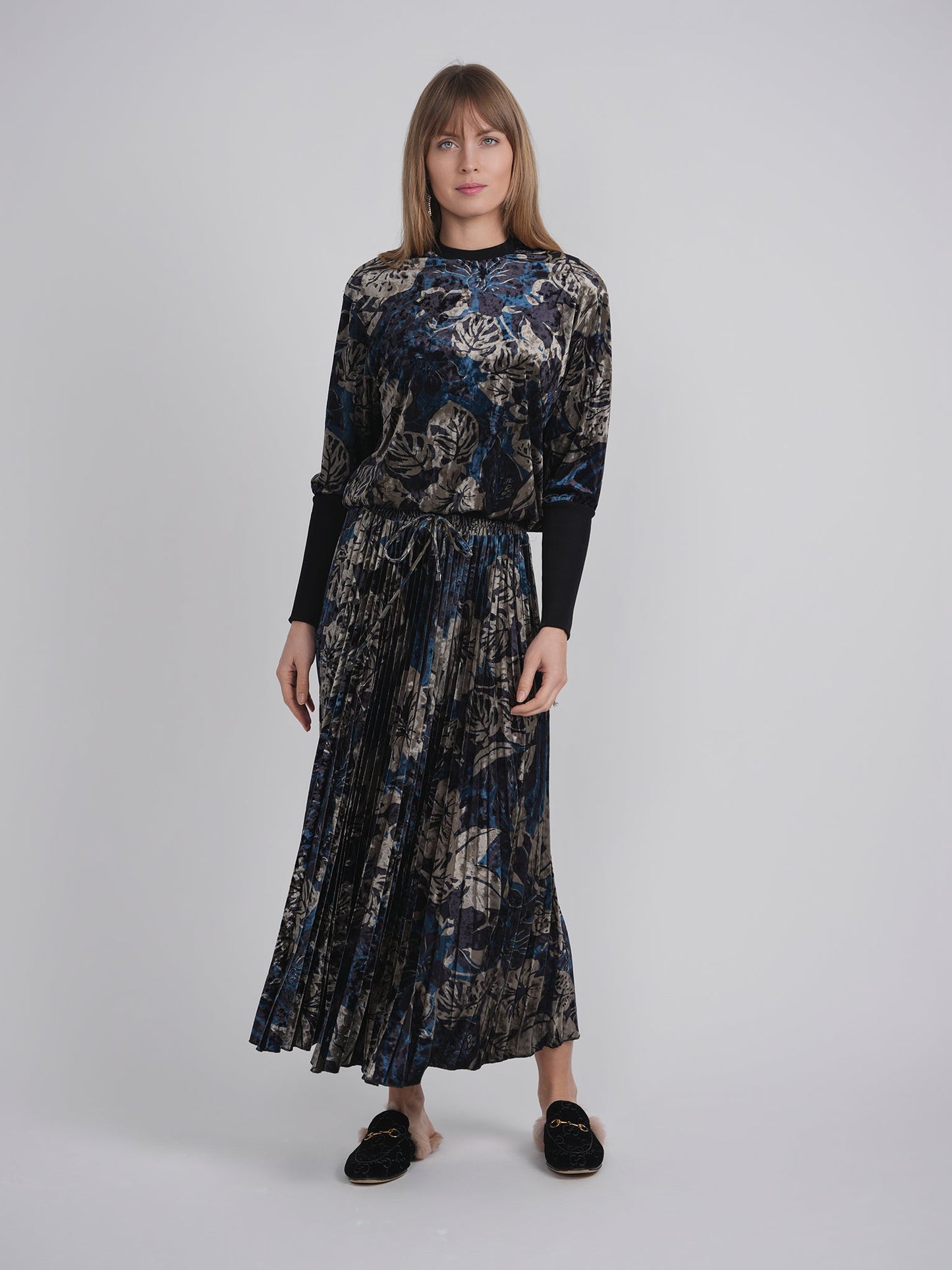 Flocked Velour Accordian Pleated Midi Skirt