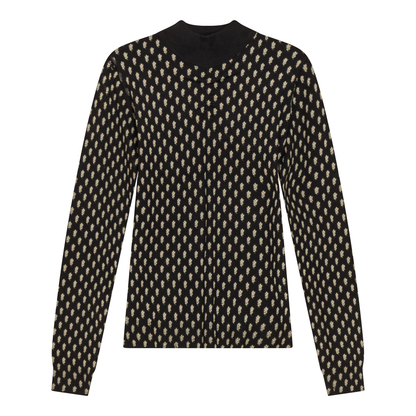 Printed Shirred Mock Neck Sweater Black
