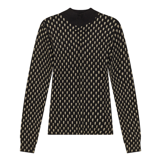 Printed Shirred Mock Neck Sweater Black