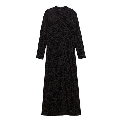 Mock Neck Flocked Chiffon Maxi Dress Black