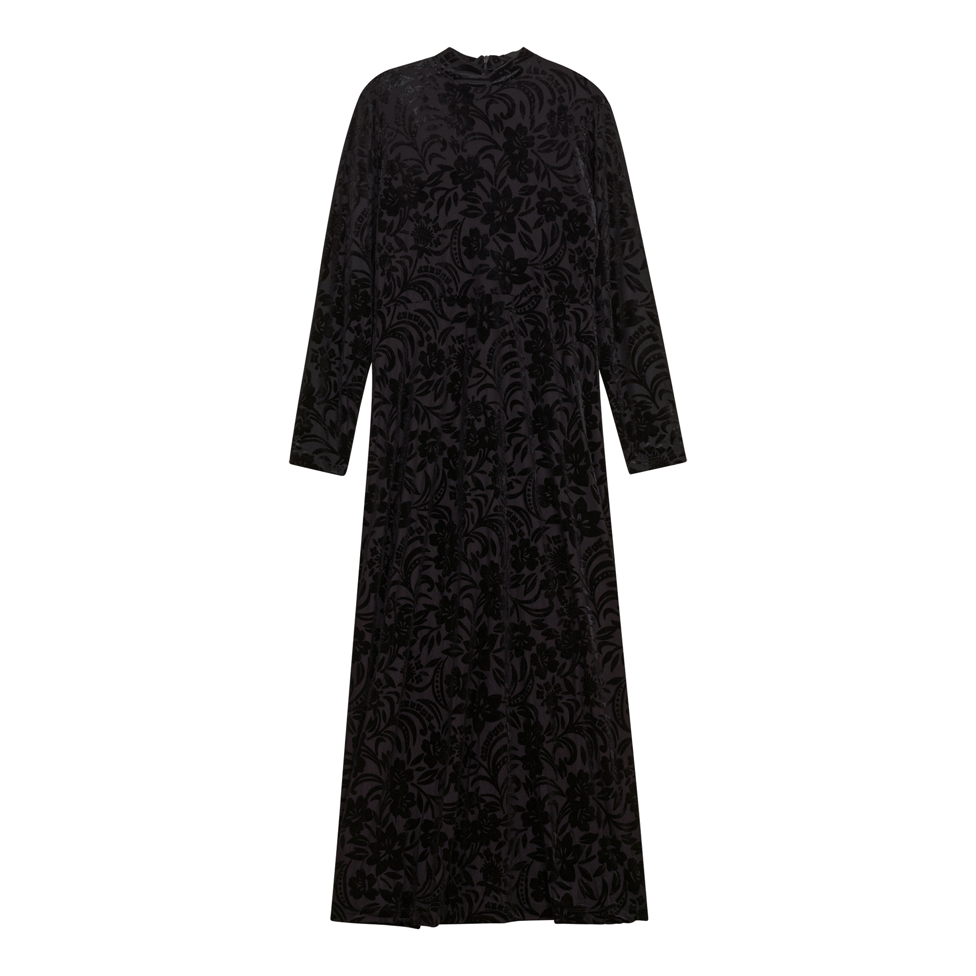 Mock Neck Flocked Chiffon Maxi Dress Black